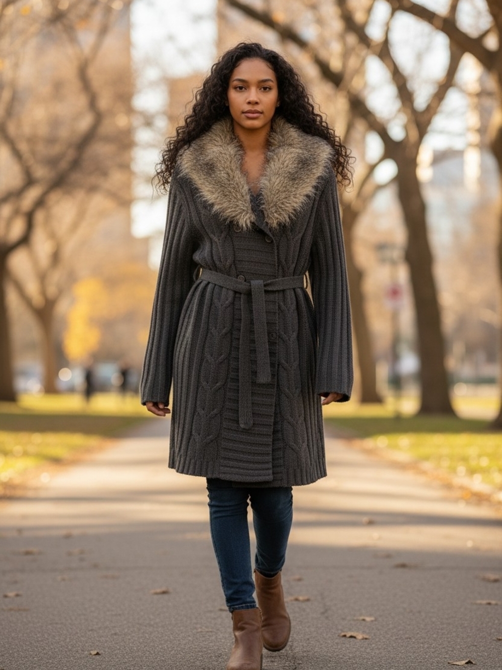 Daisy Fuentes Dark Gray Knit Belted Coat with Faux Fur Collar